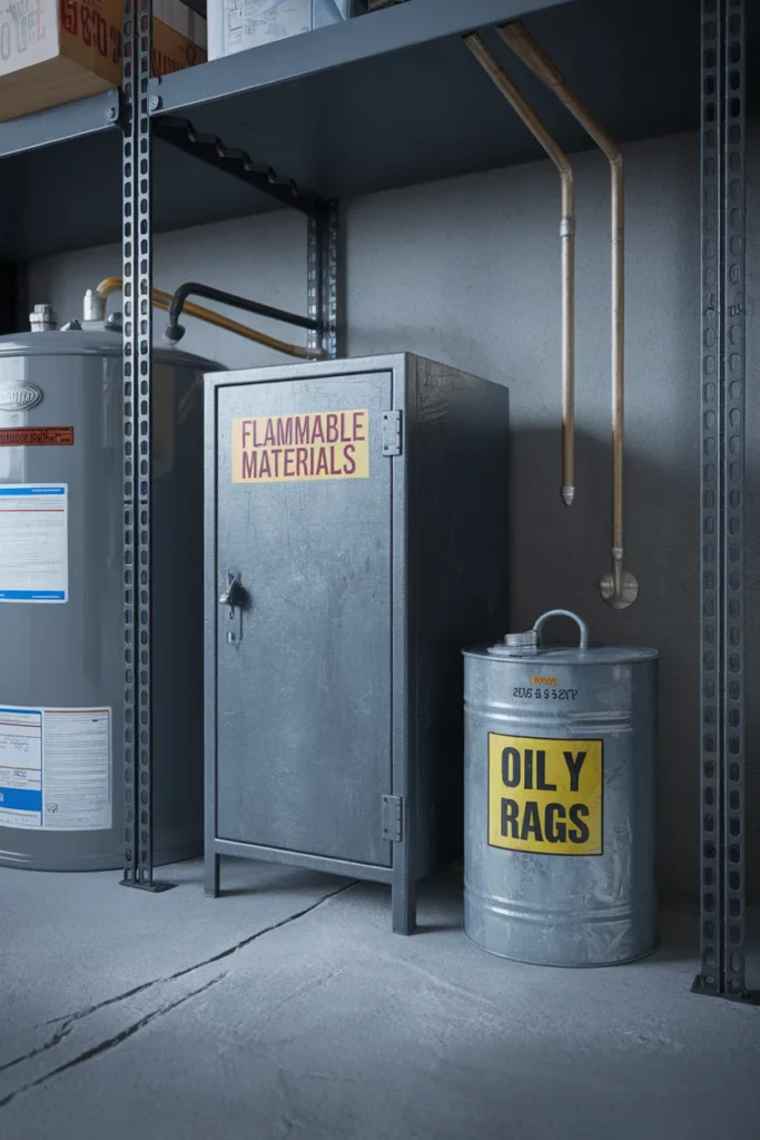 Safe chemical storage clearance in two car garage organization near a water heater