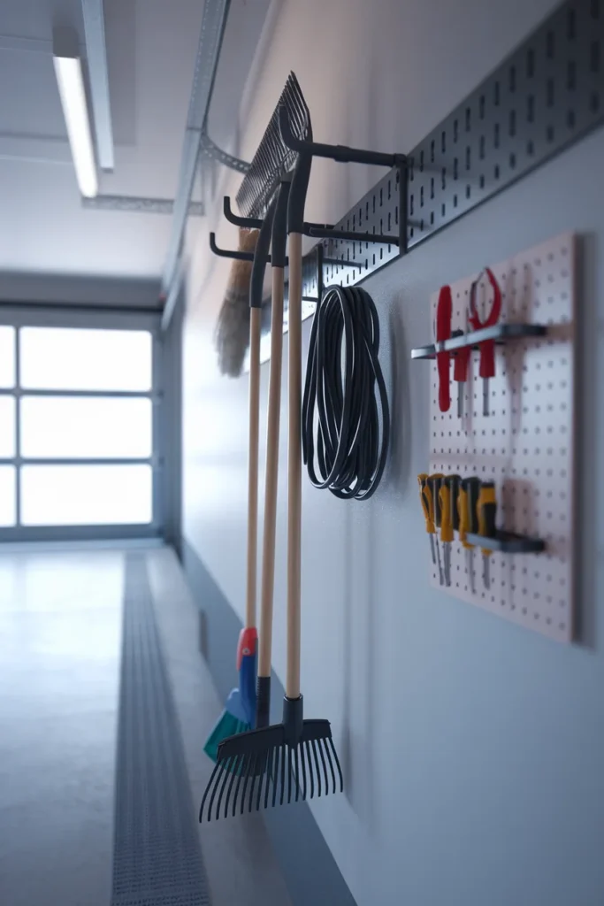 Shallow rail and pegboard wall storage for small garage organization under five feet
