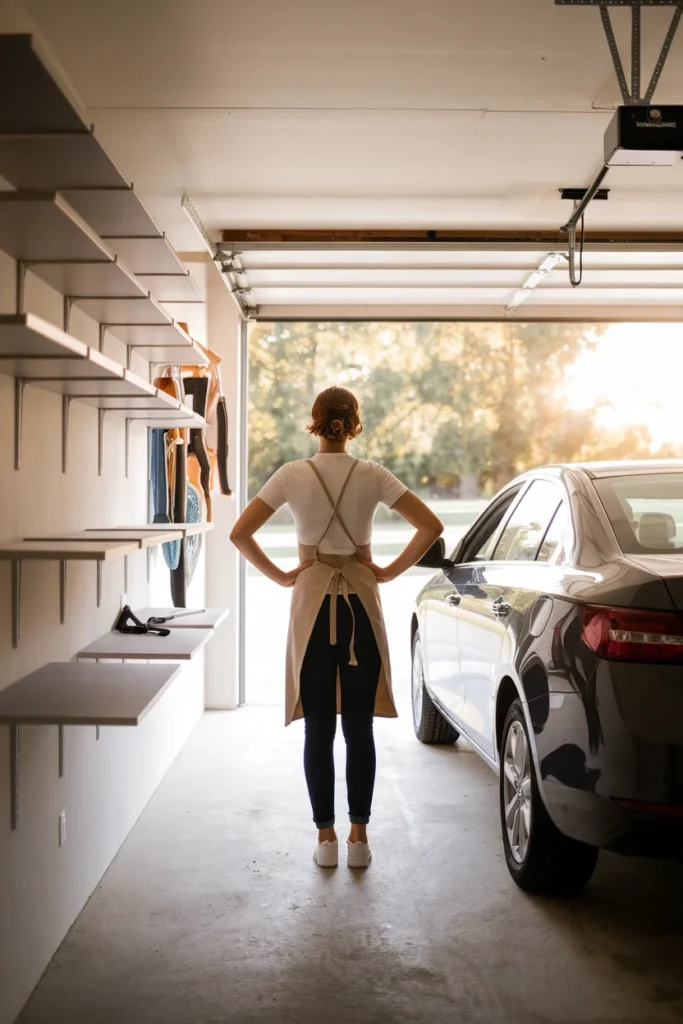 Small garage organization in a one-car garage with shallow wall shelving beside a parked car