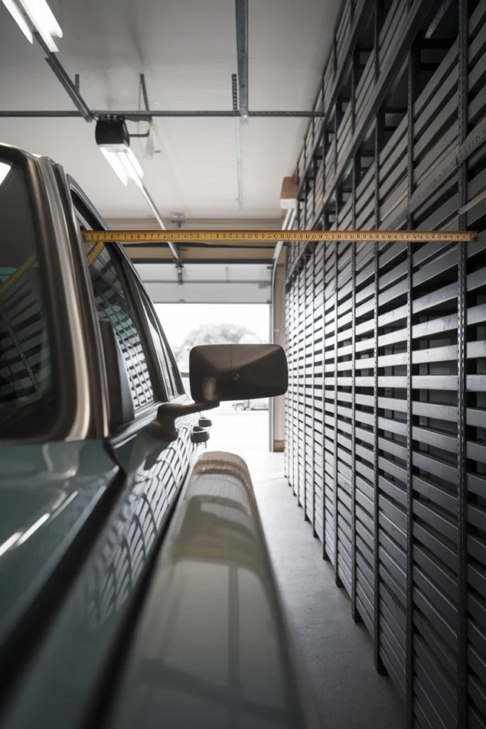 Small garage organization problem deep shelving leaves no clearance to open a car door