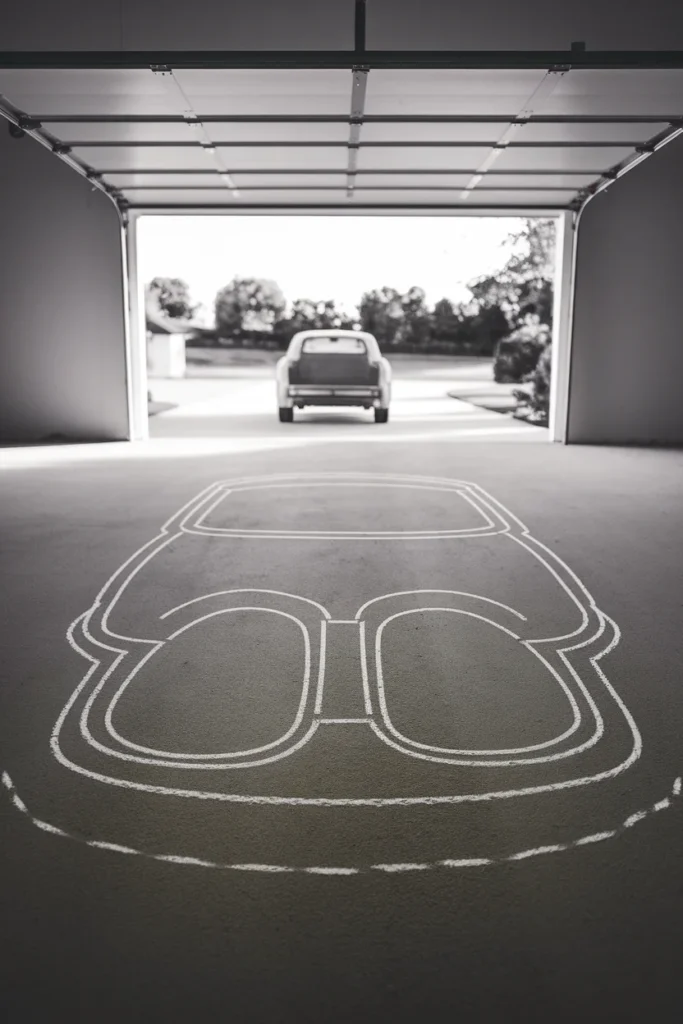 Small garage organization step one chalk outline of a car and door swing on the floor