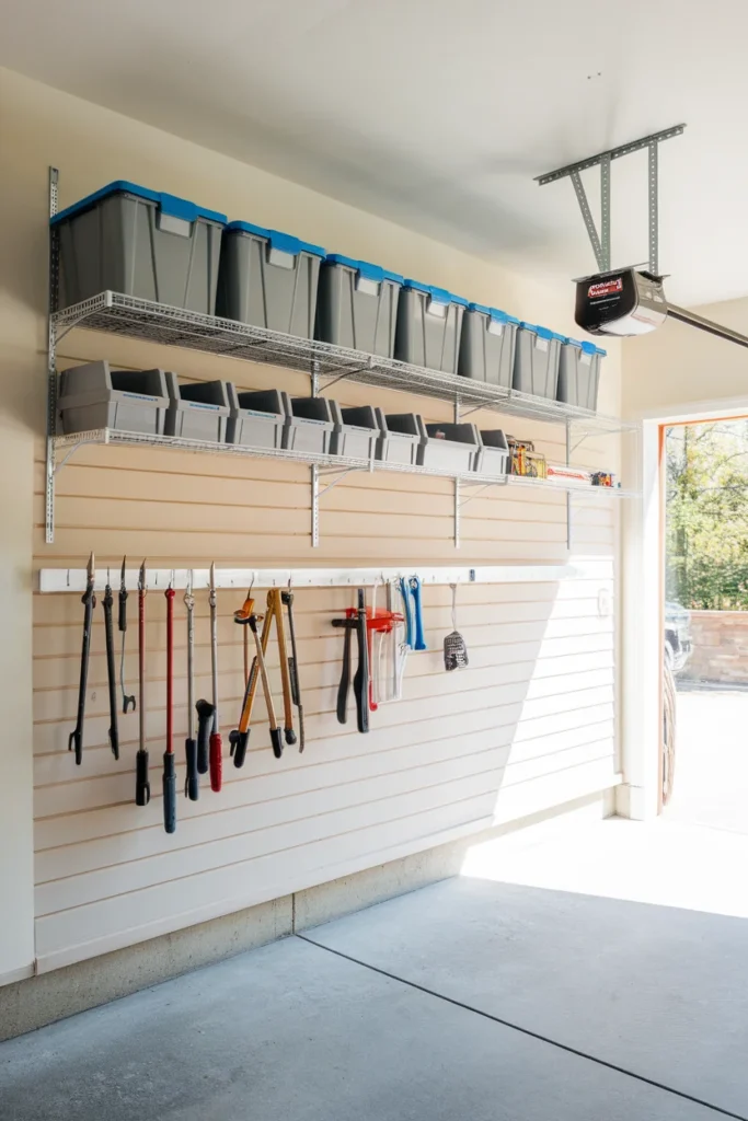 Small garage organization wall showing three depth bands from shallow tools to overhead bins