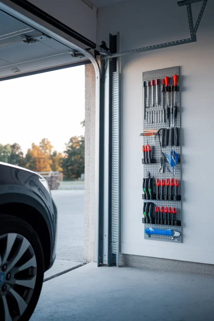Small garage tool storage using a narrow vertical pegboard strip beside the door track