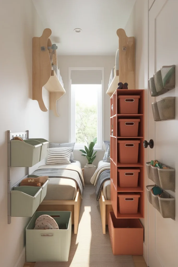 Small shared kids room organization with color coded bins at two reach heights