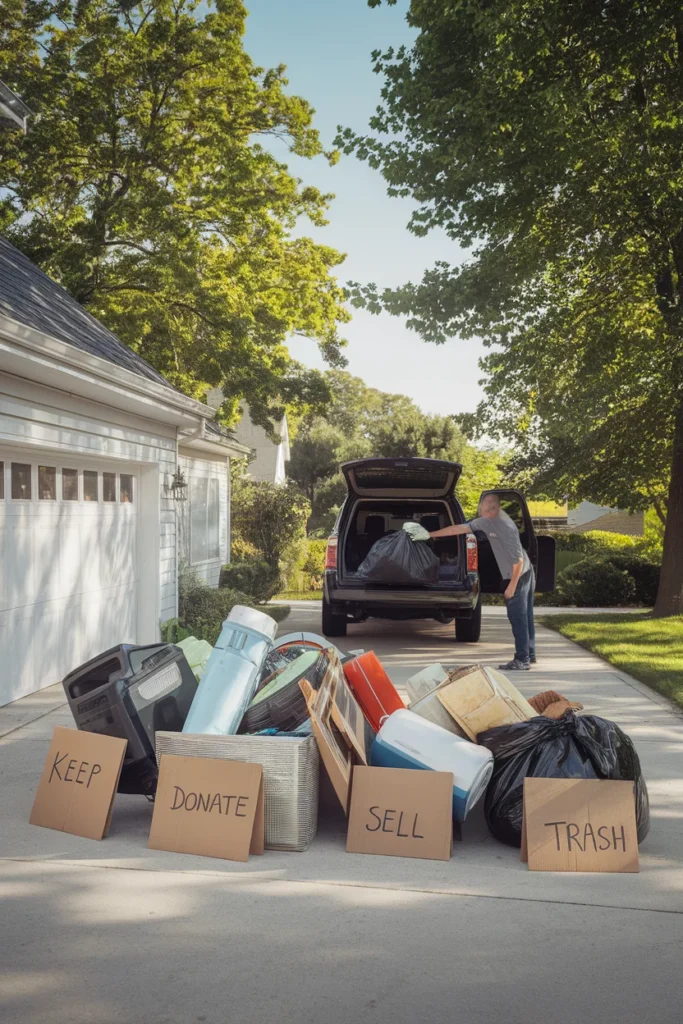 Sorting garage contents into four piles during two car garage organization