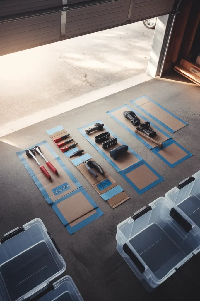 Sorting tools into four piles before starting garage tool organization on the wall