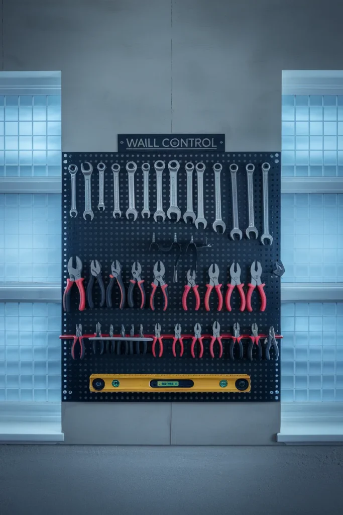 Steel pegboard garage tool organization panel with wrenches and pliers arranged by size