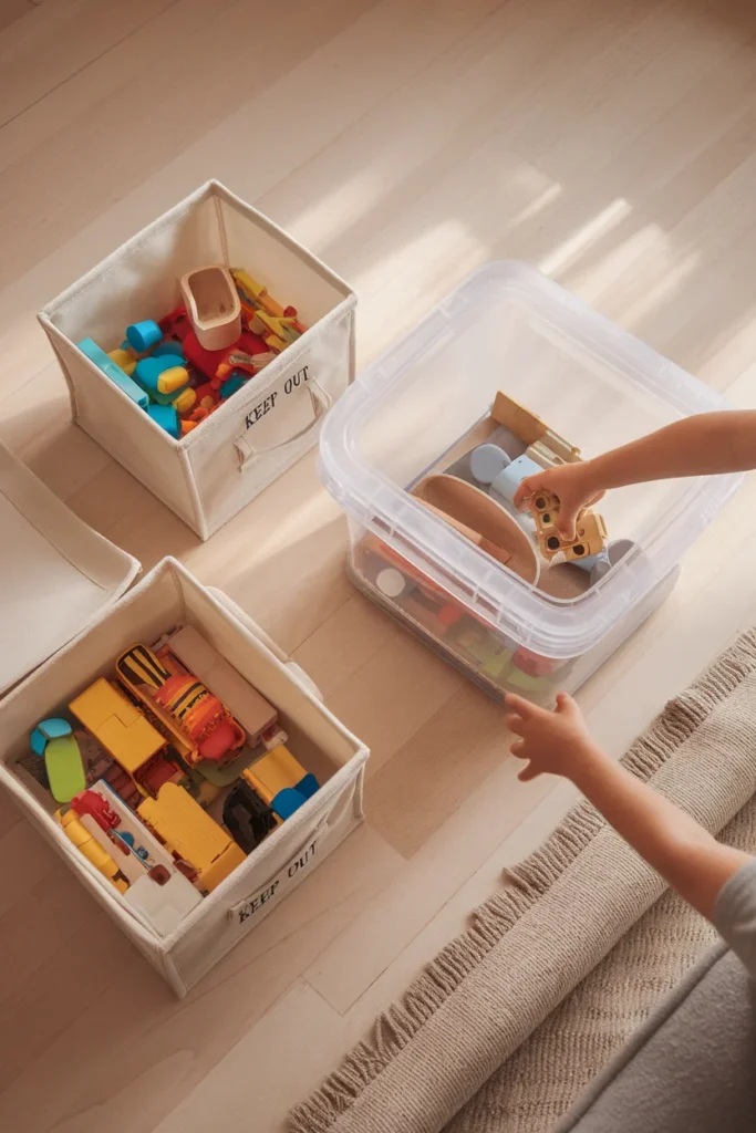 Toy rotation setup for kids room organization with two sorted halves