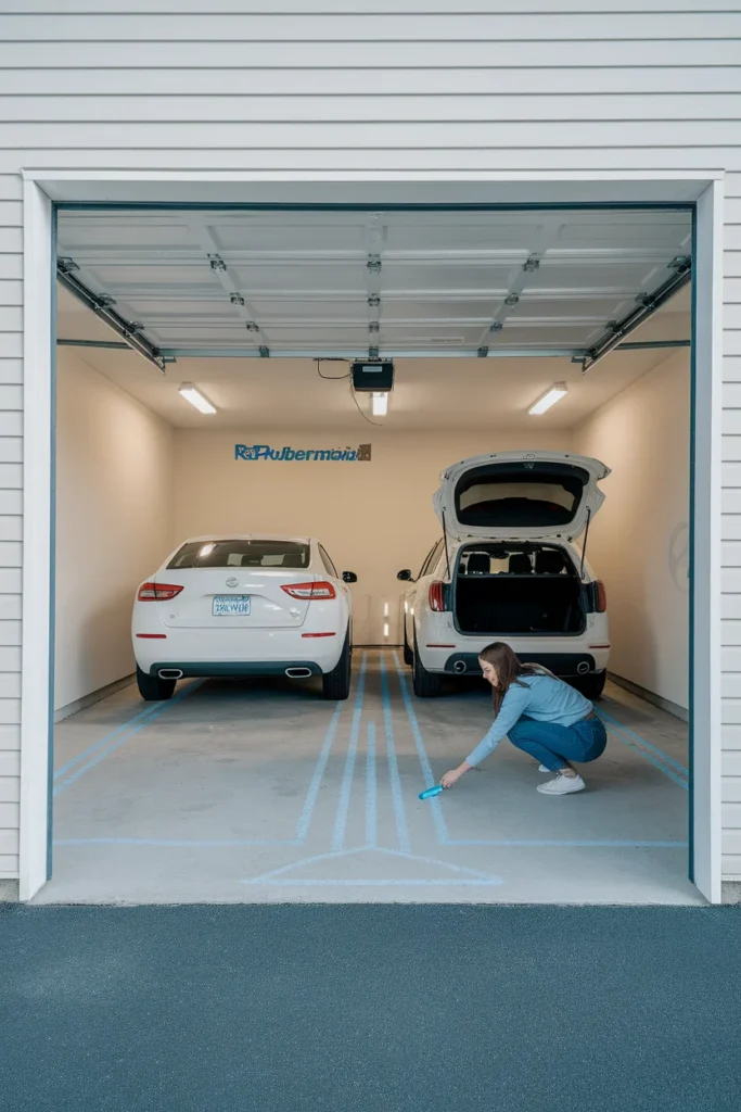 Two car garage organization chalk test with both car doors open on a marked floor