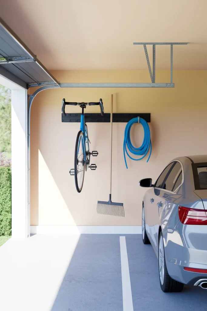 Wall rail system keeping side wall shallow for two car garage organization